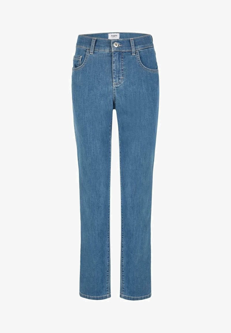 Jean bleu à coupe droite avec bouton et fermeture éclair à l'avant, poches avant et passants de ceinture, présenté sur fond blanc.