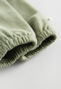 Grønne bomulds-shorts med elastiske manchetter og en samlet tekstur. Stoffet ser blødt og let fuzzy ud, med en subtil blad-tag detalje.