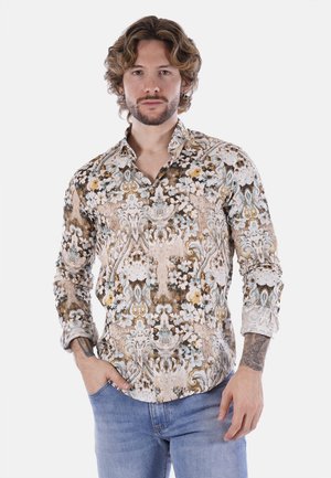 Camicia a maniche lunghe marrone con motivo floreale blu e giallo, realizzata in tessuto leggero e con colletto classico.