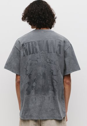 Gray cotton t-shirt featuring a large black Nirvana graphic on the back, depicting a figure with cracked details and the word "SLIVER" below.