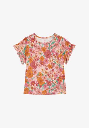 Top scurt cu mâneci, roz, cu flori și volanase, având modele de flori portocalii, roz și verzi pe un material moale, ușor.