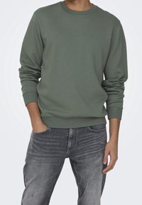 Sudadera verde con cuello redondo, mangas largas, puños y dobladillo acanalados, combinada con jeans de mezclilla gris. Textura de tela suave y lisa.