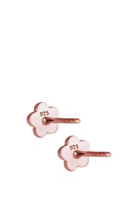 Orecchini a cerchio in oro rosa floreale con marchio 925, caratterizzati da una finitura liscia e un design a petalo, ciascuno con un perno dritto per indossarli in sicurezza.