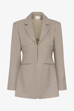 Bežs pielāgots žakets ar rāvējslēdzēja aizdari, asiem atlokiem un kontrastējošiem baltajiem diegiem. Iespējas divi priekšējie kabatas un struktūrēta siluets.