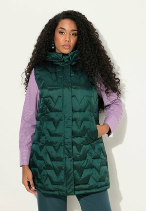 Grüne Pufferweste mit hohem Kragen, Chevron-Muster und Seitentaschen, die über einem gestreiften Langarmoberteil getragen wird. Weiche Textur.