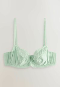 Sutien verde deschis cu detalii din dantelă, suport cu arcuri și bretele reglabile, așezat plat pe un fundal neutru.