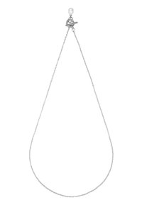 Collana in argento con chiusura a moschettone, adornata con una perla bianca prominente. La catena presenta un design delicato e testurizzato.