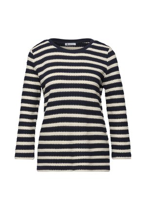 Granatowo-biały, dzianinowy sweter w paski z długimi rękawami, okrągłym dekoltem, teksturowanym wzorem i dopasowanym fasonem.