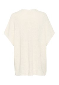 Cardigan blanco de punto con mangas cortas, que presenta un corte holgado, escote en V y un patrón texturizado en toda la prenda. Tejido suave y transpirable.