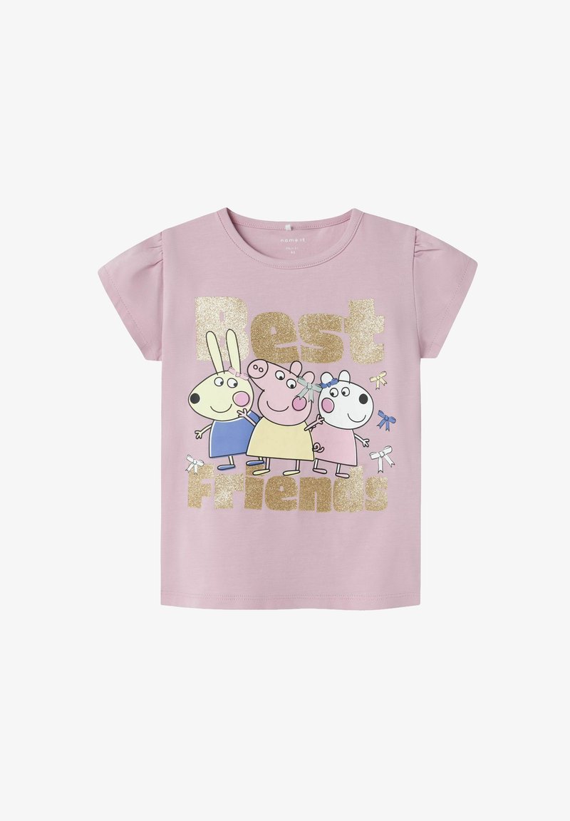 Rožinė medvilninė marškinė su vaikų laidos animaciniais personažais, ant kurių parašyta "Geriausi draugai" didelėmis auksinėmis blizgančiomis raidėmis. Trumpomis rankovėmis.
