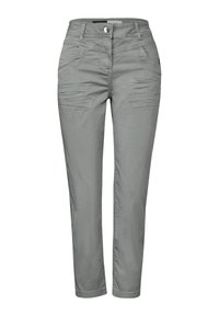 Pantaloni in cotone grigio misto con vestibilità slim, caratterizzati da tasche anteriori, dettagli di cucitura sottili e chiusura con bottone in vita.