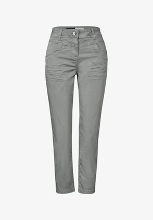 Pantaloni in cotone grigio misto con vestibilità slim, caratterizzati da tasche anteriori, dettagli di cucitura sottili e chiusura con bottone in vita.