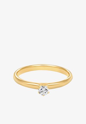 Goldring mit einem glatten, polierten Finish, das einen einzelnen runden Diamanten in einer blütenähnlichen Krappenfassung beherbergt.