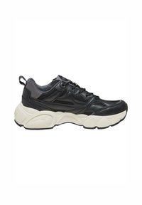 Sorte sneakers med en kombinasjon av glatt skinn og mesh-paneler, lett hvit såle, polstret krage og tonale aksenter gjennom hele.