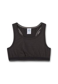 Schwarzer BH mit Rundhalsausschnitt und breiten Trägern, aus weichem Stoff. Verfügt über einen dehnbaren Gummibund am Saum und ein kleines Logoetikett.