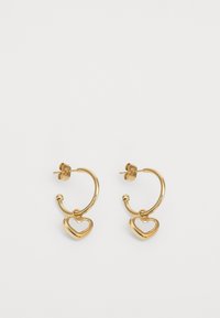 Gold hoop earrings featuring a heart charm, with a smooth texture and a shiny finish. The design includes a secure stud fastening.