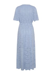 Robe midi en dentelle bleu clair avec manches courtes volantées, taille élastique et motif floral complexe, vue de dos.