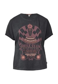 Donkergrijze T-shirt met korte mouwen, voorzien van een vervaagde roze grafische print met zon en tekst elementen, ronde halslijn en een relaxed fit.