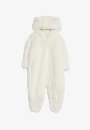 Wit, fluffy baby onesie met een capuchon met berenoren, lange mouwen, ingebouwde voetbedekking en rits aan de voorkant.
