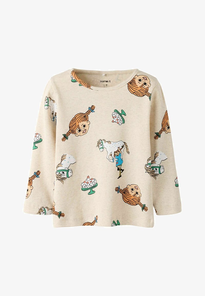 Camiseta de manga larga color crema con textura acanalada que presenta divertidos dibujos animados de niños, caballos y pasteles en acentos coloridos.