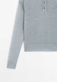 Maglione a maniche lunghe in maglia grigio chiaro con polsini e orlo a costine, caratterizzato da una patta con tre bottoni e un motivo a tessitura lavorata.