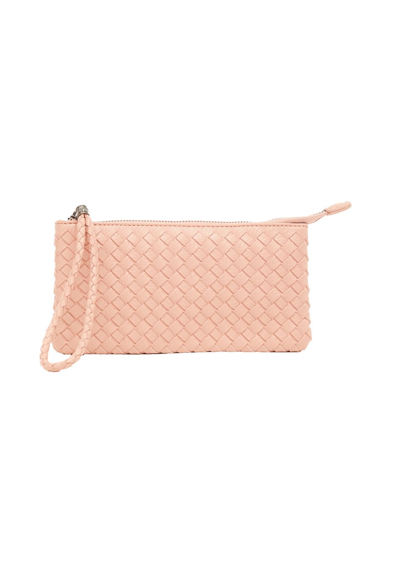 Clutch din piele împletită, de culoare roz pal, cu închidere prin fermoar și curea de mână împletită. Formă rectangulară cu o suprafață texturată.