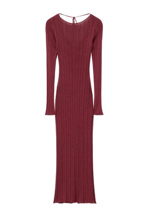 Fitted, geripptes Kleid in tiefem Burgunderrot mit langen Ärmeln und einem offenen Rücken, der mit einer Schnürung versehen ist. Hergestellt aus einem weichen, strukturierten Stoff.