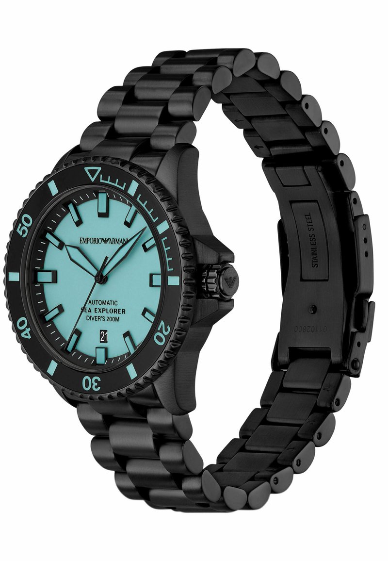 Schwarze Edelstahl-Taucheruhr mit einem türkisfarbenen Zifferblatt, leuchtenden Zeigern und Indizes. Verfügt über eine einseitig drehbare Lünette und ein robustes Gliederarmband.