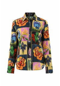 Multicolored button-up shirt featuring vibrant floral and butterfly patterns on a dark background, made of a textured fabric. Long sleeves.