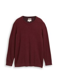 Burgunderfarbener Langarmpullover mit Rundhalsausschnitt, gerippter Textur und lockerer Passform. Einfaches Design, keine sichtbaren Muster oder Akzente.