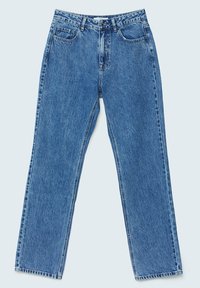 Blue denim jeans featuring a straight-leg design, five-pocket style, and a button closure. Distressed texture throughout the fabric.