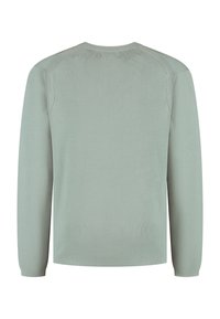 Lichtgroene lange mouwen trui van een zachte brei. Heeft een ronde hals, raglanmouwen en een soepele, geribbelde textuur.