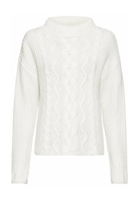 Weißer Strickpullover mit hohem Kragen, der vorne ein Zopfmuster und gerippte Ärmel aufweist, was ein strukturiertes Design bietet.
