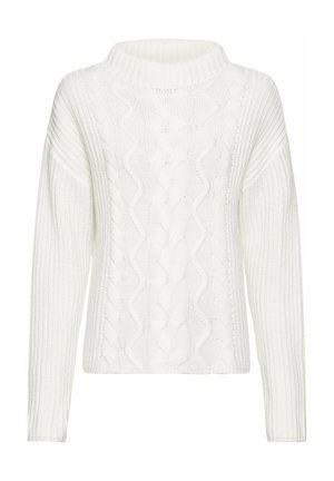 Biała dzianinowa sweter z wysokim kołnierzem, z ozdobnym wzorem w warkocze z przodu oraz ściągaczami na rękawach, oferująca teksturowany design.