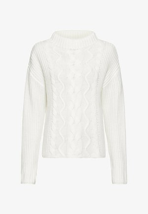 Weißer Strickpullover mit hohem Kragen, der vorne ein Zopfmuster und gerippte Ärmel aufweist, was ein strukturiertes Design bietet.