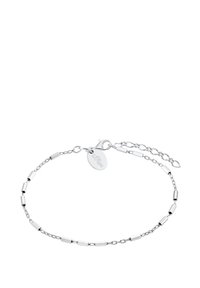 Bracciale in argento con anelli rettangolari allungati e finitura lucida, chiusura a moschettone e catena regolabile.