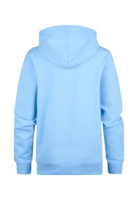 Hanorac cu glugă de culoare albastră deschisă, cu mâneci lungi, manșete ribbate și o textură moale. Viziunea din spate arată un design simplu fără ornamente.