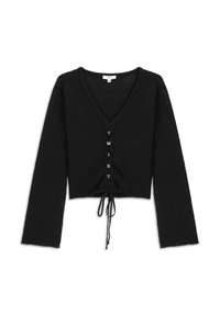 Zwarte cropped trui met lange mouwen, V-hals, koordzakband en decoratieve knopen met de tekst "TWIST" aan de voorkant. Zachte textuur.