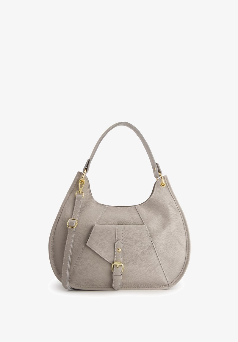 Light gray leather handbag with a curved shape, textured surface, adjustable strap, and a front pocket secured by a gold buckle.