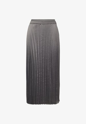 Gonna grigia plissettata realizzata in tessuto liscio, con pieghe verticali su tutta la superficie e una vita elastica per una vestibilità comoda.