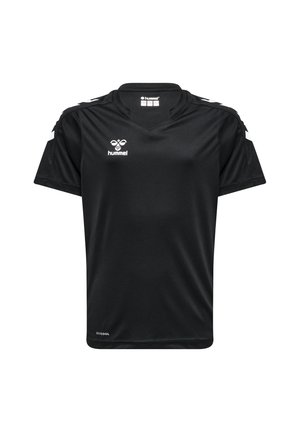 Sort atletisk skjorte lavet af fugttransporterende materiale. Har v-hals, korte ærmer og hvide logo-detaljer på fronten og skuldrene.