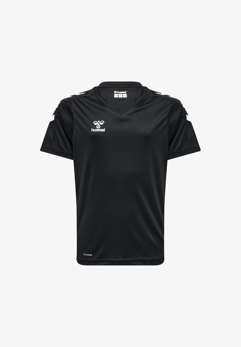 Czarna koszulka sportowa z materiału odprowadzającego wilgoć. Posiada dekolt w serek, krótkie rękawy oraz białe akcenty logo na przodzie i ramionach.