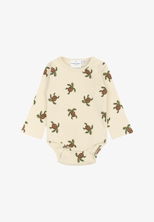 Bodysuit za dojenčke z dolgimi rokavi v svetlo bež rebrasti tkanini, ki prikazuje print želv in listov, z gumbi na dnu za enostavno oblačenje.