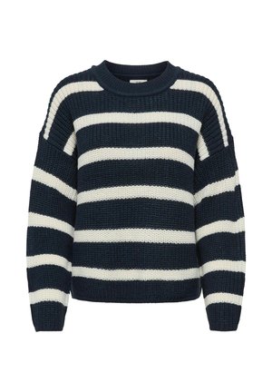 Donkerblauwe en witte gestreepte gebreide trui met een ribgebreide ronde hals en verlaagde schouders, met een losse, gestructureerde uitstraling.