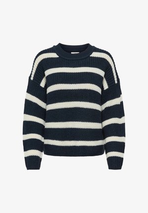 Donkerblauwe en witte gestreepte gebreide trui met een ribgebreide ronde hals en verlaagde schouders, met een losse, gestructureerde uitstraling.