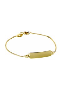 Gouden armband met een plat rechthoekig bedeltje, voorzien van een gestructureerde ketting en een stevige karabijnsluiting. Gladde oppervlak op het bedeltje geschikt voor graveren.