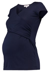 Mörkblå kortärmad graviditetströja med omslagshals och rynkade sidor för stretch och komfort.