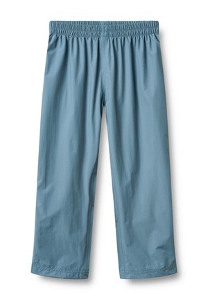 Hellblaue, locker sitzende Hose mit elastischem Bund und glattem Stoff. Gerade Beine mit sauber verarbeiteten Säumen.