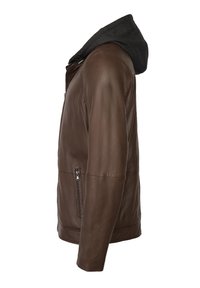 Braune Lederjacke mit grauem Kapuzen, die über einen Reißverschluss und Seitentaschen verfügt. Glatte Textur, taillierte Passform und minimalistisches Design.