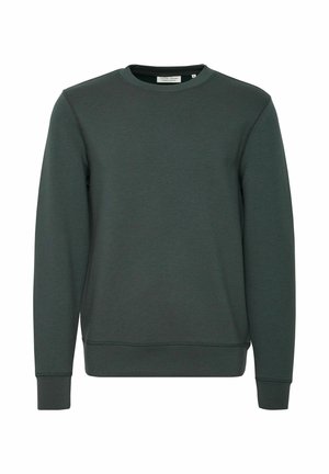 Temno zelena bombažna majica s Crew neck izrezom, dolgimi rokavi, rebrastimi manšetami in ravnim robom. Minimalističen dizajn brez vidnih vzorcev.